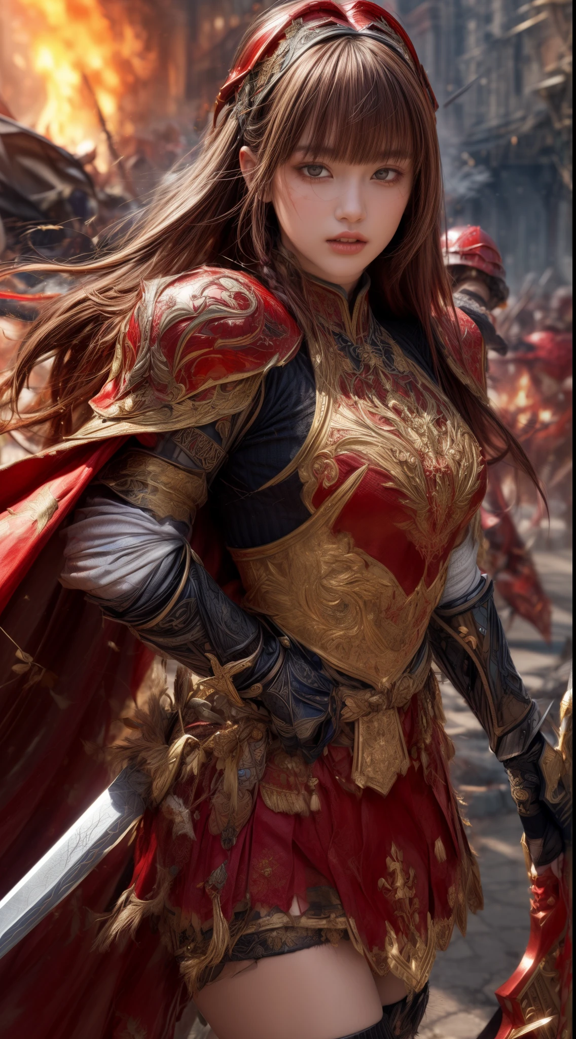 Very beautiful woman、Slender women、(Detailed face)、Realistic Skin、((Knight of Fire)), (((Red Armor:1.25)))、((((Black armor with very fine and intricate decoration))))、((Delicate photo)),(Girl Astepeace RAW Photo Details:1.25), (highest quality:1.6), (超A high resolution:1.5), (Realistic:1.75), 8K resolution, Canon EOS R5, 50mm, Absurd, Ultra-detailed,Cinema Lighting,Battlefields of Medieval Europe、((battle))、RPG World、Final Fantasy、(((Embellished skirt)))、Thigh-high socks、Shin Guards、night、((too long bangs))、((One long thick dark red hair braid))、Get six-pack、Torn Cloak、Beautiful Armor、(((Giant Sword)))、In combat、The wind is blowing、(((Inferno filling the entire area)))、(((Leading a large group of red knights)))、(((Knight Commander)))、Armor with a Phoenix motif、Old scar on right cheek:1.2、((Fire blaze))