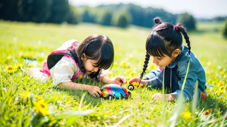 Children playing with beautiful beetles in the grassland、Children playing with beautiful beetles in the grassland、Colorful Mushiking