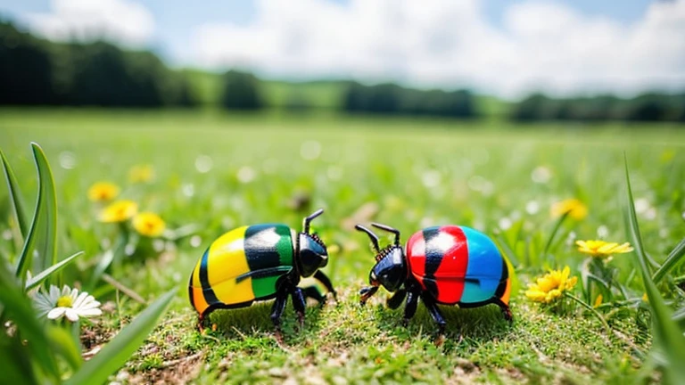 Children playing with beautiful beetles in the grassland、Children playing with beautiful beetles in the grassland、Colorful Mushiking