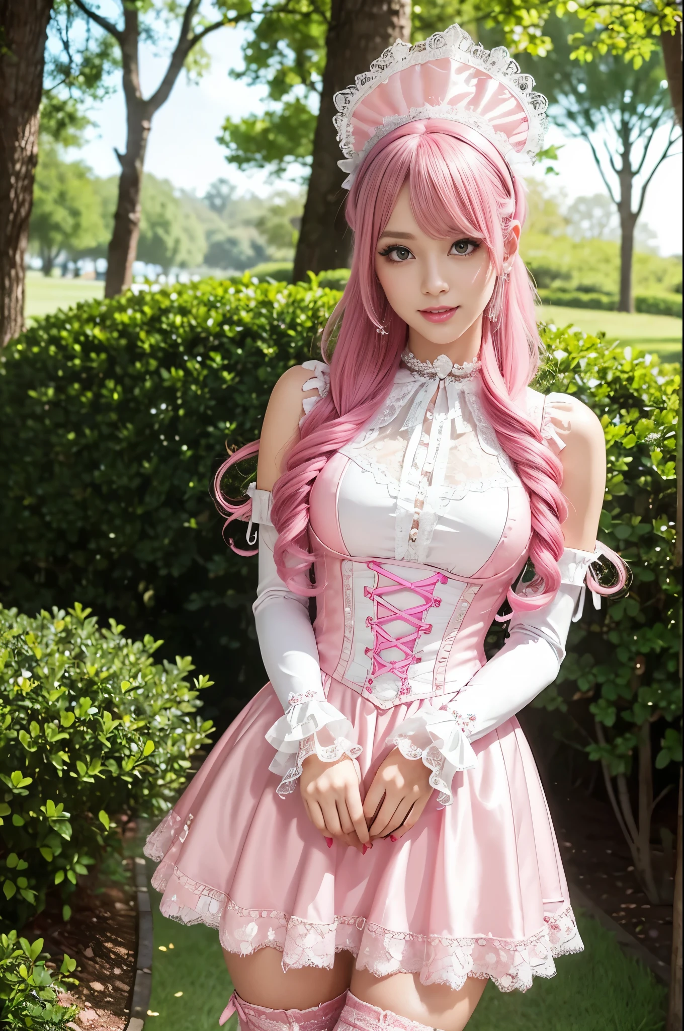 sexy stylish Swedish model, only 1 female, ((doll-like appearance)), long neon pink stylish hair, ((shiny Victorian-Style boots)), (big smile), ultra detailed eyes, vivid eye makeup, lipgloss, long lashes, defined eyebrows, ((sexy Paradise Kiss cosplay)), bell-shaped skirt, petticoats, high neckline, puffed sleeves, (( ultra detailed lace)), ((ultra detailed embroidery)), intricate details, Paradise Kiss accessoires and matching headpiece, choker, ((large sparkling Paradise Kiss jewelry)), cinematic light, detailed large park background with trees