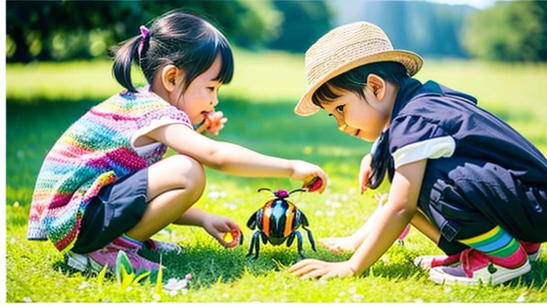 Children playing with beautiful beetles in the grassland、Children playing with beautiful beetles in the grassland、Colorful Mushiking