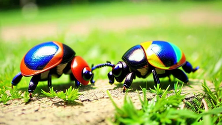 Children playing with beautiful beetles in the grassland、Children playing with beautiful beetles in the grassland、Colorful Mushiking