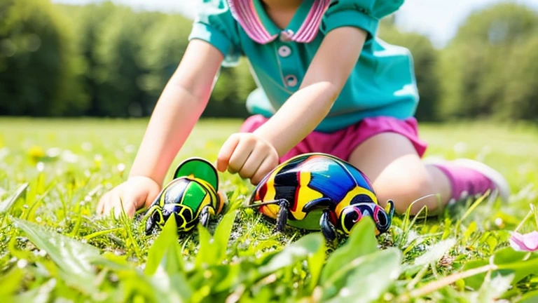 Children playing with beautiful beetles in the grassland、Children playing with beautiful beetles in the grassland、Colorful Mushiking