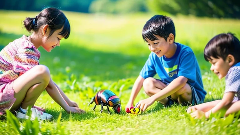 Children playing with beautiful beetles in the grassland、Children playing with beautiful beetles in the grassland、Colorful Mushiking
