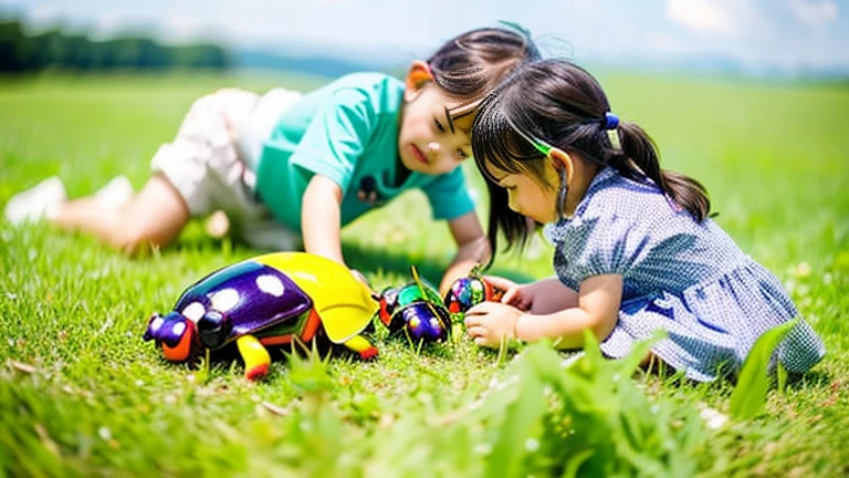 Children playing with beautiful beetles in the grassland、Children playing with beautiful beetles in the grassland、Colorful Mushiking