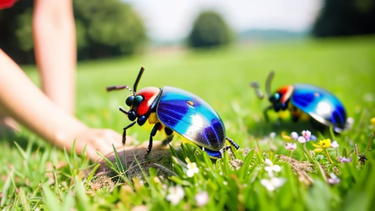 Children playing with beautiful beetles in the grassland、Children playing with beautiful beetles in the grassland、Colorful Mushiking