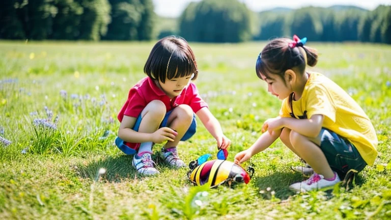 Children playing with beautiful beetles in the grassland、Children playing with beautiful beetles in the grassland、Colorful Mushiking