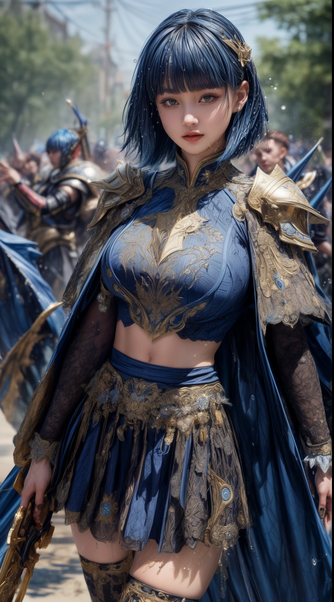 Very beautiful woman、Slender women、(Detailed face)、Realistic Skin、((holy knight)), ((Navy Blue Armor))、((((Black armor with very fine and intricate decoration:1.1))))、((Delicate photo)),(Girl Astepeace RAW Photo Details:1.25), (highest quality:1.6), (超A high resolution:1.5), (Realistic:1.75), 8K resolution, Canon EOS R5, 50mm, Absurd, Ultra-detailed,Cinema Lighting,((battlefield))、((battle))、(((Navy Skirt with Embellishments)))、Thigh-high socks、Shin Guards、((Dark blue hair))、((Bowl cut hairstyle with bangs,))、Get six-pack、Cape、Beautiful Armor、(((Has a huge weapon)))、(In combat)、The wind is blowing、((Symmetrical Armor))、((((Splash))))、(((Leading a large group of blue knights:1.2)))、Round Glasses:1.4、Banner、Armor with a dragon motif、