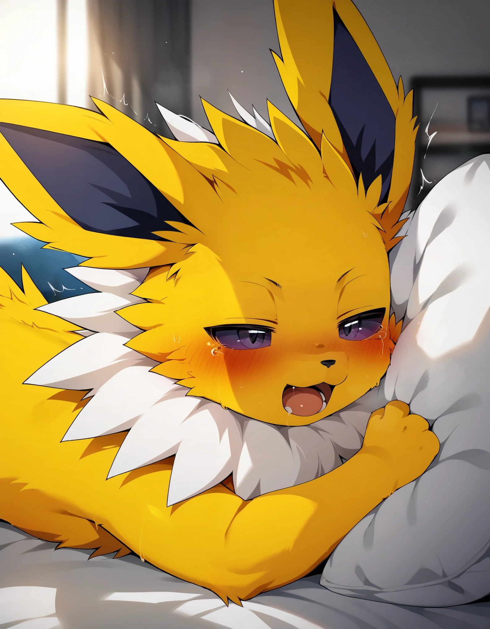 score_9, score_8_up, score_7_up, score_6_up, source_anime, rating_safe, furry female, solo, pokemon (creature),, dagasi_style, furry, jolteon, blurry background, bedroom, indoors, colored skin, lying, shivering, mouth wide open, half closed eyes,