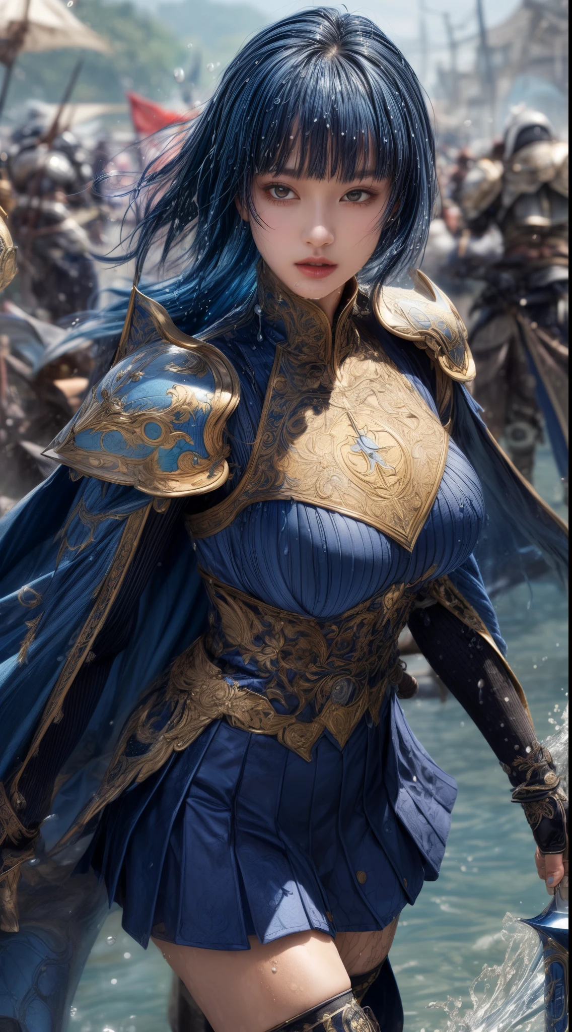 Very beautiful woman、Slender women、(Detailed face)、Realistic Skin、((holy knight)), ((Navy Blue Armor))、((((Black armor with very fine and intricate decoration:1.1))))、((Delicate photo))，(Girl Astepeace RAW Photo Details:1.25), (highest quality:1.6), (超A high resolution:1.5), (Realistic:1.75), 8K resolution, Canon EOS R5, 50mm, Absurd, Ultra-detailed,Cinema Lighting,((battlefield))、((battle))、(((Navy Skirt with Embellishments)))、Thigh-high socks、Shin Guards、((Dark blue hair))、((Bowl cut hairstyle with bangs,))、Get six-pack、Cape、Beautiful Armor、(((Has a huge weapon)))、(In combat)、The wind is blowing、((Symmetrical Armor))、((((Splash))))、(((Leading a large group of blue knights:1.2)))、Round Glasses:1.4、Banner、Armor with a dragon motif、