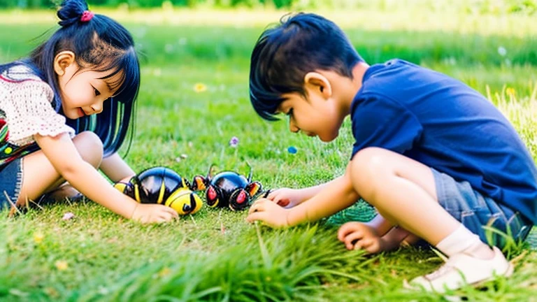 Children playing with beautiful beetles in the grassland、Children playing with beautiful beetles in the grassland、Colorful Mushiking