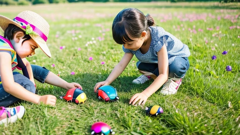 Children playing with beautiful beetles in the grassland、Children playing with beautiful beetles in the grassland、Colorful Mushiking