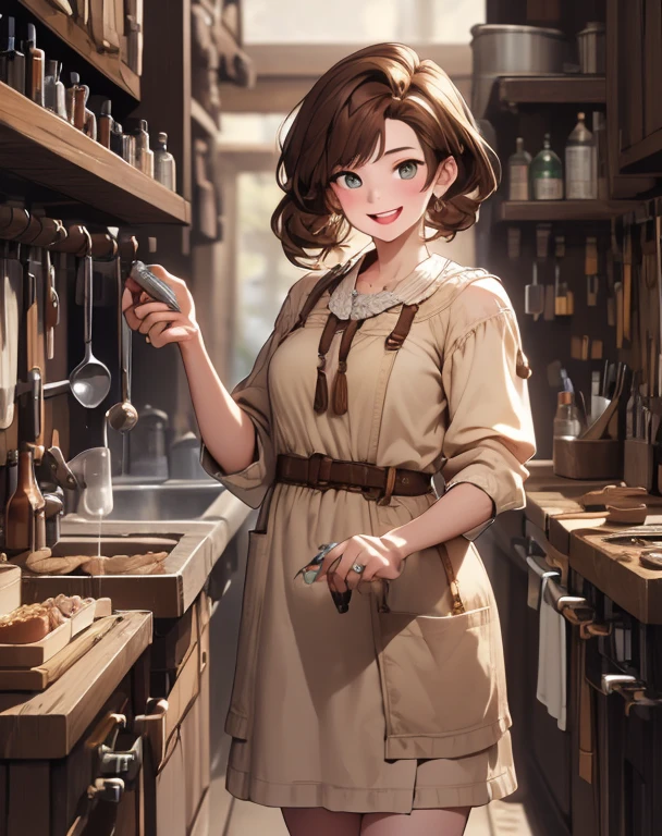 (highest quality:1.5),(8k,masterpiece, top quality, best quality,beautiful and aesthetic:1.2,professional illustrasion:1.1,ultra detail:1.3,perfect lighting),extremely detailed,highest detailed,incredibly absurdres , highres, ultra detailed,intricate:1.3,(Alchemy Workshop:1.4),A girl mixing,Medicine in many small bottles,colorful:1.4,zentangle,(1girl),(highly detailed beautiful face and eyes,firm breasts),real skin,((brown hair,short bob with short pony tail hair)),thin pubic hair:1.3,cute,lovely,17 years old,alchemist costume,smile,in the kitchen,smile,seductive weak smiling,(with sparkling eyes and a contagious smile),open mouth, Looking at Viewer,