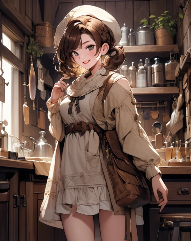 (highest quality:1.5),(8k,masterpiece, top quality, best quality,beautiful and aesthetic:1.2,professional illustrasion:1.1,ultra detail:1.3,perfect lighting),extremely detailed,highest detailed,incredibly absurdres , highres, ultra detailed,intricate:1.3,(Alchemy Workshop:1.4),A girl mixing,Medicine in many small bottles,colorful:1.4,zentangle,(1girl),(highly detailed beautiful face and eyes,firm breasts),real skin,((brown hair,short bob with short pony tail hair)),thin pubic hair:1.3,cute,lovely,17 years old,alchemist costume,smile,in the kitchen,smile,seductive weak smiling,(with sparkling eyes and a contagious smile),open mouth, Looking at Viewer,