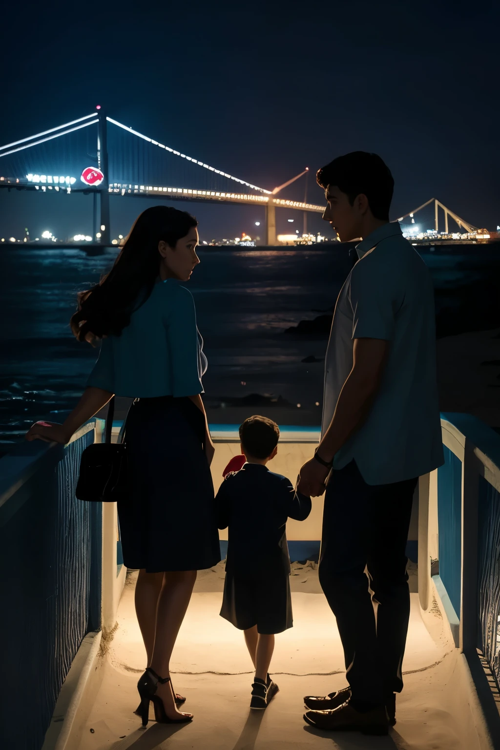 A night scene in shades of blue showing a girl, a young man, and their young on the beach of the Istanbul Bridge. The clothes are in dark colors.