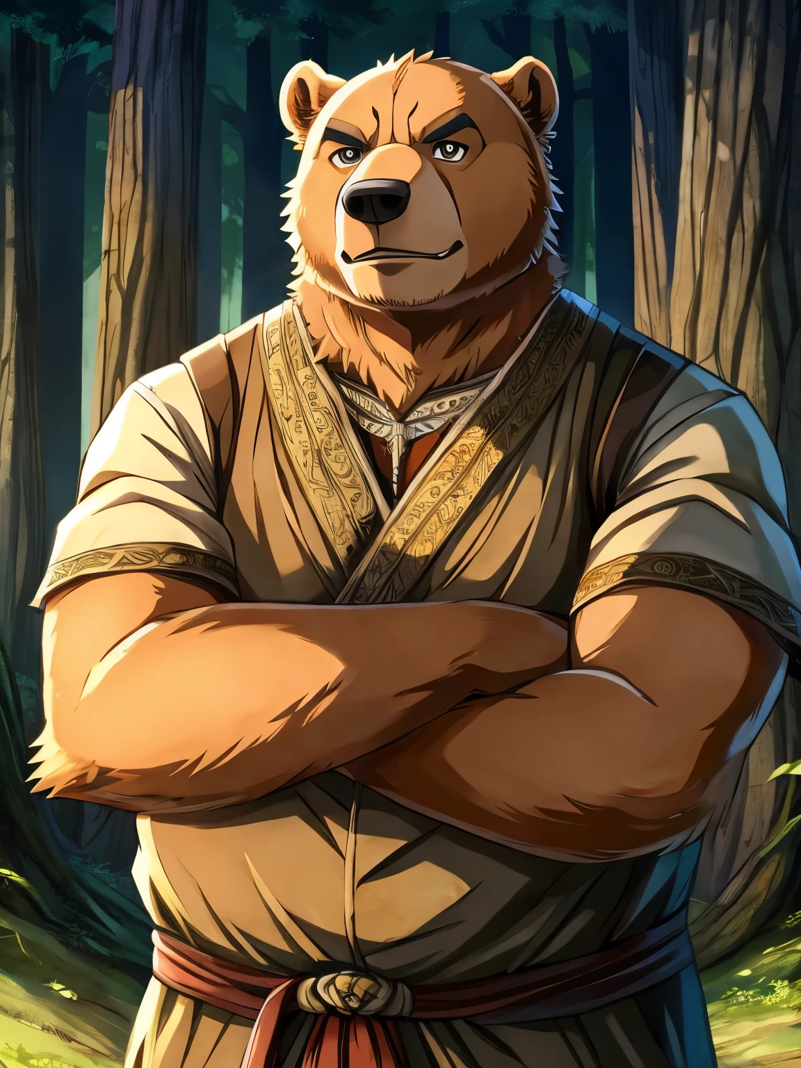 male, grizzly bear, fat, anime, slavic clothing, rolled up sleeves, crossed arms, forest