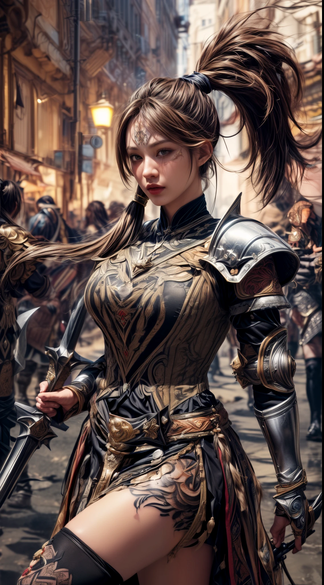 Very beautiful woman、Very tall woman、((muscle))、(Detailed face)、Realistic Skin、((Knights of the Earth)), (((Light brown and black armor:1.25)))、((((非常に繊細で装飾が施されたLight brown and black armor))))、((Delicate photo)),(Girl Astepeace RAW Photo Details:1.25), (highest quality:1.6), (超A high resolution:1.5), (Realistic:1.75), 8K resolution, Canon EOS R5, 50mm, Absurd, Ultra-detailed,Cinema Lighting,Battlefields of Medieval Europe、((battle))、RPG World、Final Fantasy、(((Embellished skirt)))、Thigh-high socks、Shin Guards、night、((((Messy center parted high ponytail))))、((Get six-pack))、Torn Cloak、((Beautiful Armor))、(((Huge weapons)))、In combat、The wind is blowing、(((Leading a large group of knights:1.3)))、(((Knight Commander)))、(Banner)、Great Ape Emblem、(((Light brown as the main color)))、(((black tribal tattoo)))、Dust、(Wearing fur)、(Rocky area)