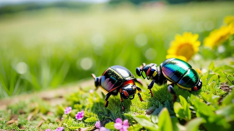 Children playing with beautiful beetles in the grassland、Children playing with beautiful beetles in the grassland、Colorful Mushiking