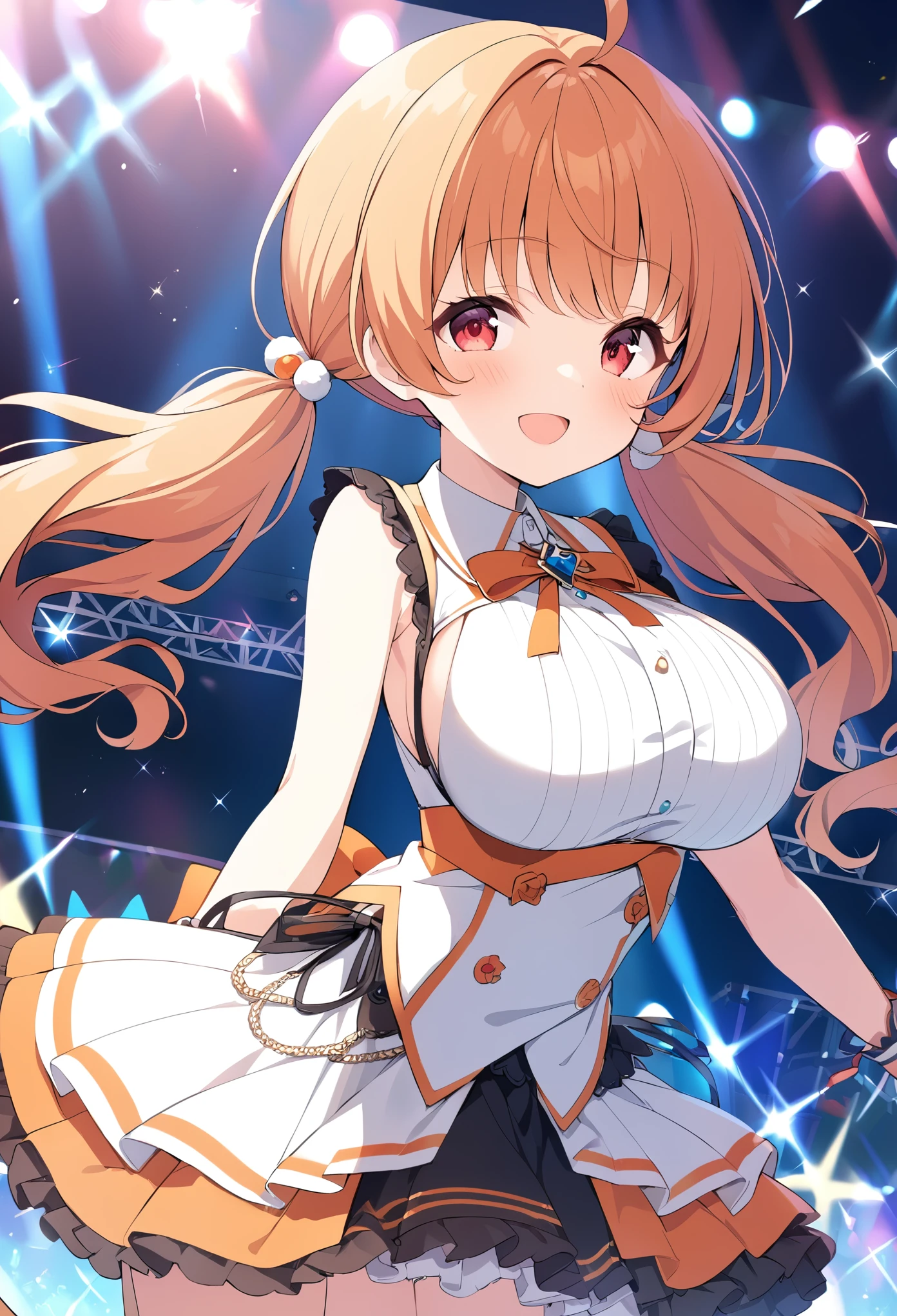 sakaidanatsumi, persimmon orange hair, medium low twin tails, red eyes,, large breasts, live stage, solo