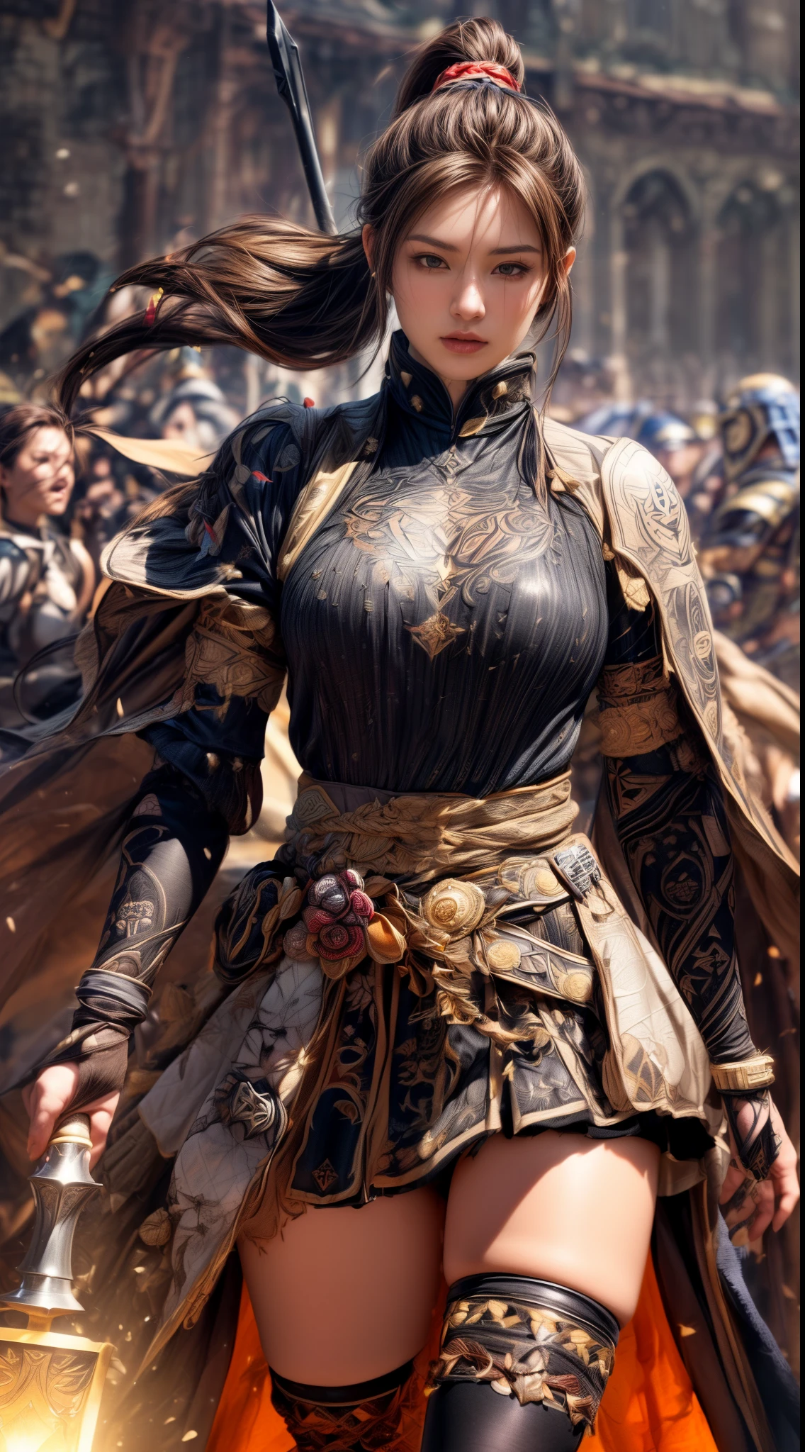 Very beautiful woman、Very tall woman、((muscle))、(Detailed face)、Realistic Skin、((Knights of the Earth)), (((Light brown and black armor:1.25)))、((((非常に繊細で装飾が施されたLight brown and black armor))))、((Delicate photo))，(Girl Astepeace RAW Photo Details:1.25), (highest quality:1.6), (超A high resolution:1.5), (Realistic:1.75), 8K resolution, Canon EOS R5, 50mm, Absurd, Ultra-detailed,Cinema Lighting,Battlefields of Medieval Europe、((battle))、RPG World、Final Fantasy、(((Embellished skirt)))、Thigh-high socks、Shin Guards、night、((((Messy center parted high ponytail))))、((Get six-pack))、Torn Cloak、((Beautiful Armor))、(((Huge weapons)))、In combat、The wind is blowing、(((Leading a large group of knights:1.3)))、(((Knight Commander)))、(Banner)、Great Ape Emblem、(((Light brown as the main color)))、(((black tribal tattoo)))、Dust、(Wearing fur)、(Rocky area)