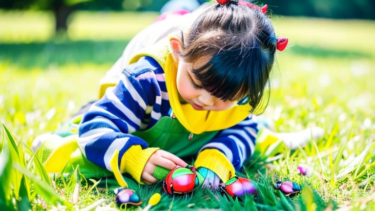 Children playing with beautiful beetles in the grassland、Children playing with beautiful beetles in the grassland、Colorful Mushiking
