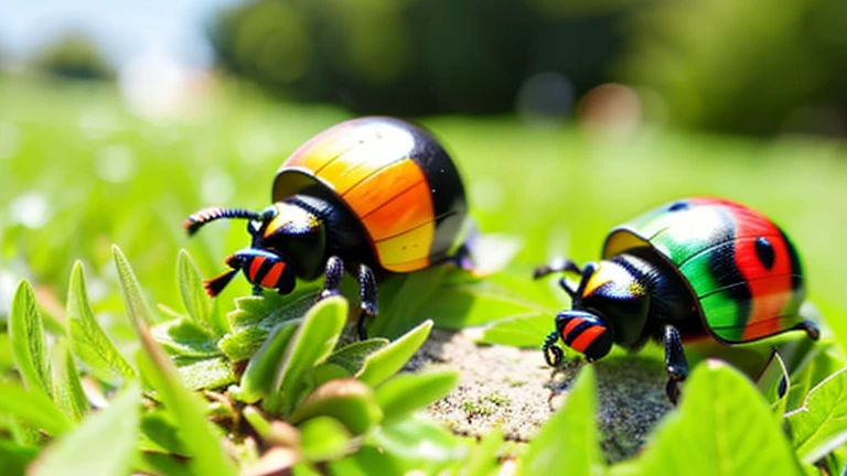 Children playing with beautiful beetles in the grassland、Children playing with beautiful beetles in the grassland、Colorful Mushiking