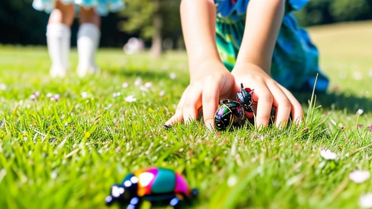 Children playing with beautiful beetles in the grassland、Children playing with beautiful beetles in the grassland、Colorful Mushiking