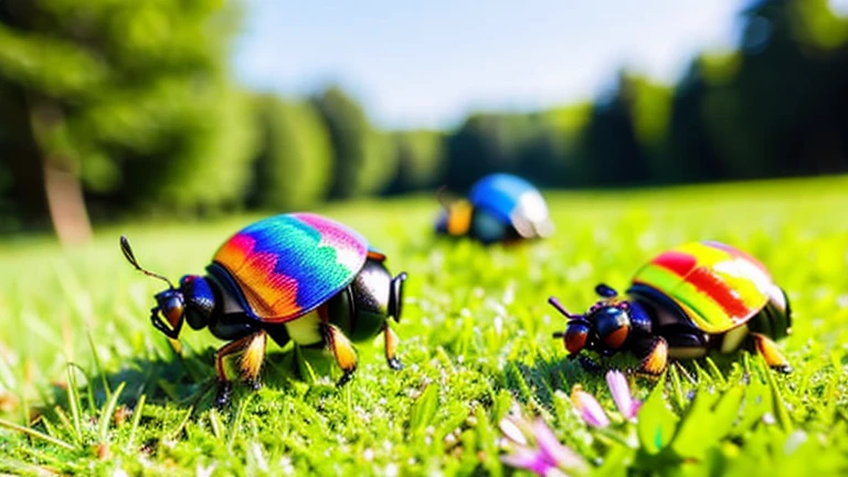 Children playing with beautiful beetles in the grassland、Children playing with beautiful beetles in the grassland、Colorful Mushiking