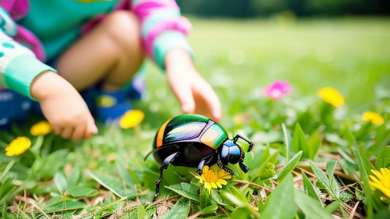 Children playing with beautiful beetles in the grassland、Children playing with beautiful beetles in the grassland、Colorful Mushiking