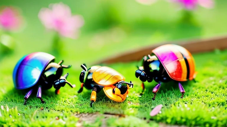 Children playing with beautiful beetles in the grassland、Children playing with beautiful beetles in the grassland、Colorful Mushiking