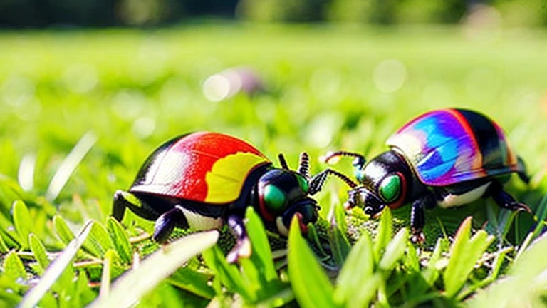 Children playing with beautiful beetles in the grassland、Children playing with beautiful beetles in the grassland、Colorful Mushiking