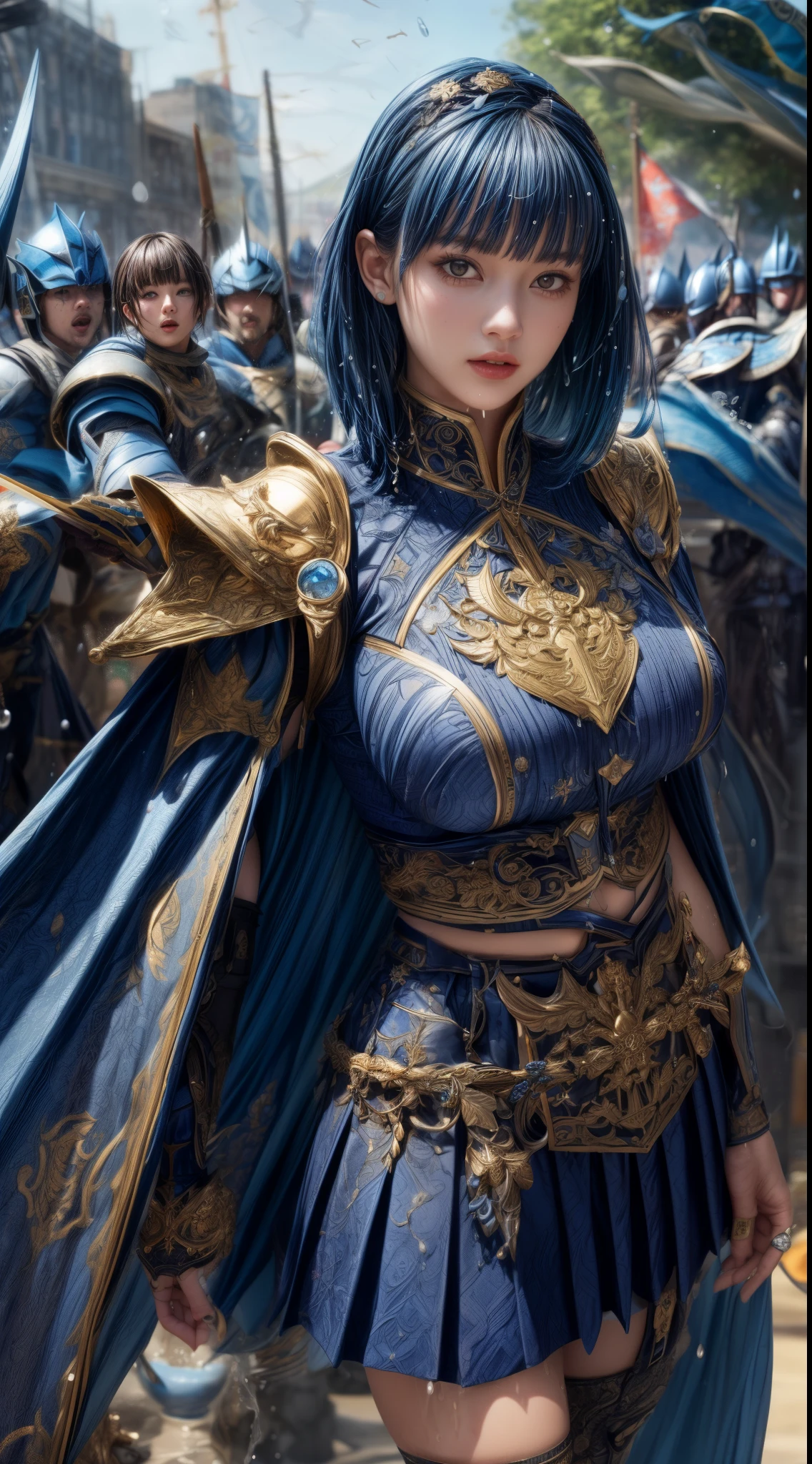 Very beautiful woman、Slender women、(Detailed face)、Realistic Skin、((holy knight)), ((Navy Blue Armor))、((((Black armor with very fine and intricate decoration:1.1))))、((Delicate photo))，(Girl Astepeace RAW Photo Details:1.25), (highest quality:1.6), (超A high resolution:1.5), (Realistic:1.75), 8K resolution, Canon EOS R5, 50mm, Absurd, Ultra-detailed,Cinema Lighting,((battlefield))、((battle))、(((Navy Skirt with Embellishments)))、Thigh-high socks、Shin Guards、((Dark blue hair))、((Bowl cut hairstyle with bangs,))、Get six-pack、Cape、Beautiful Armor、(((Has a huge weapon)))、(In combat)、The wind is blowing、((Symmetrical Armor))、((((Splash))))、(((Leading a large group of blue knights:1.2)))、Round Glasses:1.4、Banner、Armor with a dragon motif、