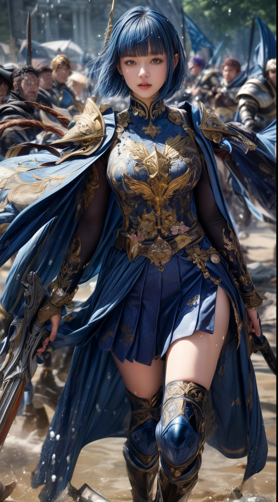 Very beautiful woman、Slender women、(Detailed face)、Realistic Skin、((holy knight)), ((Navy Blue Armor))、((((Black armor with very fine and intricate decoration:1.1))))、((Delicate photo)),(Girl Astepeace RAW Photo Details:1.25), (highest quality:1.6), (超A high resolution:1.5), (Realistic:1.75), 8K resolution, Canon EOS R5, 50mm, Absurd, Ultra-detailed,Cinema Lighting,((battlefield))、((battle))、(((Navy Skirt with Embellishments)))、Thigh-high socks、Shin Guards、((Dark blue hair))、((Bowl cut hairstyle with bangs,))、Get six-pack、Cape、Beautiful Armor、(((Has a huge weapon)))、(In combat)、The wind is blowing、((Symmetrical Armor))、((((Splash))))、(((Leading a large group of blue knights:1.2)))、Round Glasses:1.4、Banner、Armor with a dragon motif、