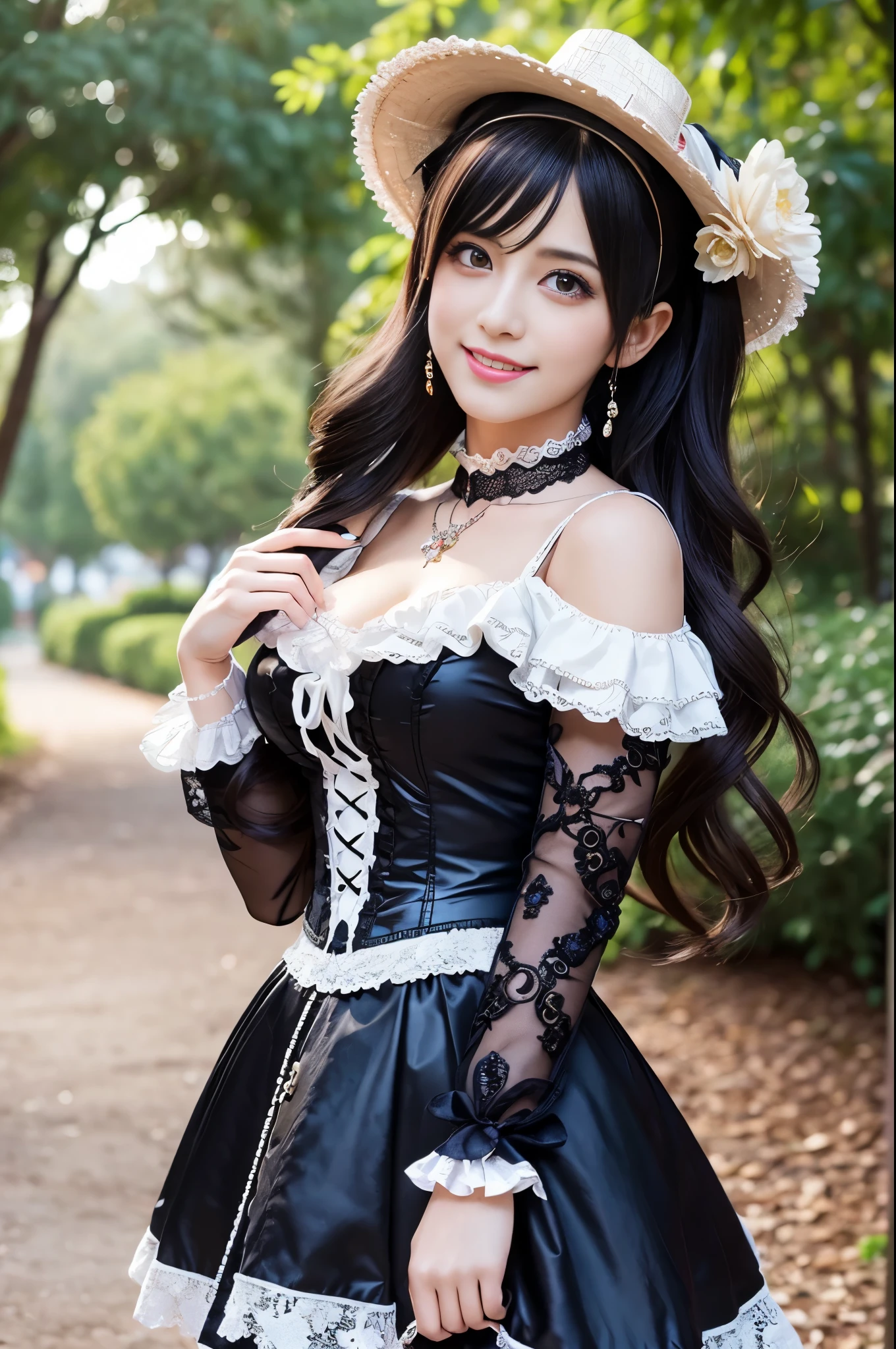 ((Best quality, 8k, Masterpiece, Sharp focus, 35mm lens, f/0.8, amazing beautiful perfect figure :1.4)), side lighting, sexy stylish Asian model, ((bright smile)), ((doll-like appearance)), ((beautiful detailed Victorian-Style boots)), Highly detailed face and skin texture:1.2, super detailed eyes:1.2, super detailed skin, shiny skin:1.2, Blushing ,long lashes:1.2, high-fidelity bangs, brilliant light blonde long random hairstyle, ((sexy Paradise Kiss cosplay)), bell-shaped skirt, petticoats, high neckline, puffed sleeves, (( ultra detailed lace)), ((ultra detailed embroidery)), intricate details, Paradise Kiss accessoires and matching headpiece, choker, ((large sparkling Paradise Kiss jewelry)), cinematic light, detailed large park background with trees