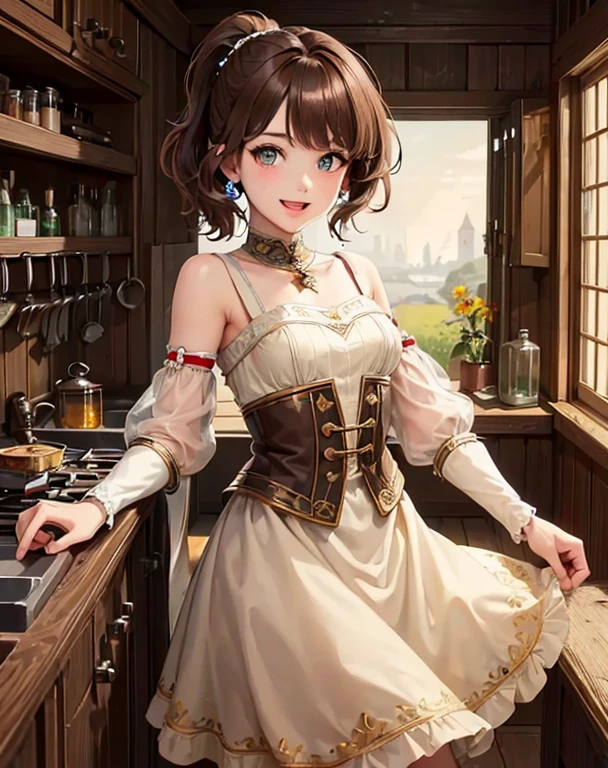 (highest quality:1.5),(8k,masterpiece, top quality, best quality,beautiful and aesthetic:1.2,professional illustrasion:1.1,ultra detail:1.3,perfect lighting),extremely detailed,highest detailed,incredibly absurdres , highres, ultra detailed,intricate:1.3,(Alchemy Workshop:1.4),A girl mixing,Medicine in many small bottles,colorful:1.4,zentangle,(1girl),(highly detailed beautiful face and eyes,firm breasts),real skin,((brown hair,short bob with short pony tail hair)),thin pubic hair:1.3,cute,lovely,17 years old,alchemist costume,smile,in the kitchen,smile,seductive weak smiling,(with sparkling eyes and a contagious smile),open mouth, Looking at Viewer,