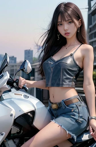Highest quality, realistic, Excellent details, exquisite, high resolution, 8k wallpaper, 1 beautiful woman, full body, light brown messy hair.
full picture: short, Low waisted micro denim skirt, dilapidated, gray, Wrinkles, There are scratches.., and tear. thin, disorganized, A white tank top that was torn and frayed.., ซ่อนหน้าอกthinส่วนของเธอ, โชว์หัวนมthinส่วน.. Revealing her breasts and nipples, see beauty, sexy belly.,
เผยหน้าอกเล็กและอกเปลือยthinส่วน. Open and lift your legs to reveal your underwear..., Long legs,
เซ็กซี่ high heels that wrap around the ankles to below the knees, Sharp focus, Perfect dynamic composition.
Beautiful and detailed eyes, beautiful red lips, ผมthin, detailed realistic skin textures, smile, Close-up photo, model'body.
Wear gloves for motorcyclists....