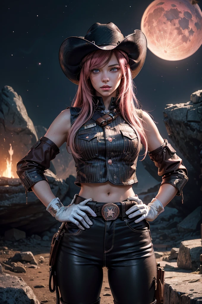 (masterpiece,stunning girlfriend, (standing:1.1), dynamic pose, heart shaped face, elegant face, beautiful face, highly detailed face, highly detailed skin, skin pores, subsurface scattering, realistic pupils, looking at viewer, full lips, detailed background, depth of field, atmospheric perspective, volumetric lighting, sharp focus, absurdres, realistic proportions, good anatomy, (realistic, hyperrealistic:1.4), 16k hdr, neopolitan, neopolitan, long hair, brown hair, (brown eyes:1.3), brown eyes, pink eyes, (heterochromia:1.2), ((two-tone hair, split-color hair, pink hair, brown hair, multicolored hair)), BREAK gloves, hat, navel, detached sleeves, midriff, belt, pants, white gloves, black headwear, bowler hat, hands on hips, BREAK outdoors, night, stars, moon, post-apocalypse, dystopian future, in cave mouth, river, rocks, (crowd in military uniforms), bonfires, BREAK looking at viewer, (cowboy shot:1.5), BREAK (masterpiece:1.2), best quality, high resolution, unity 8k wallpaper, (illustration:0.8), (beautiful detailed eyes:1.6), extremely detailed face, perfect lighting, extremely detailed CG, (perfect hands, perfect anatomy)