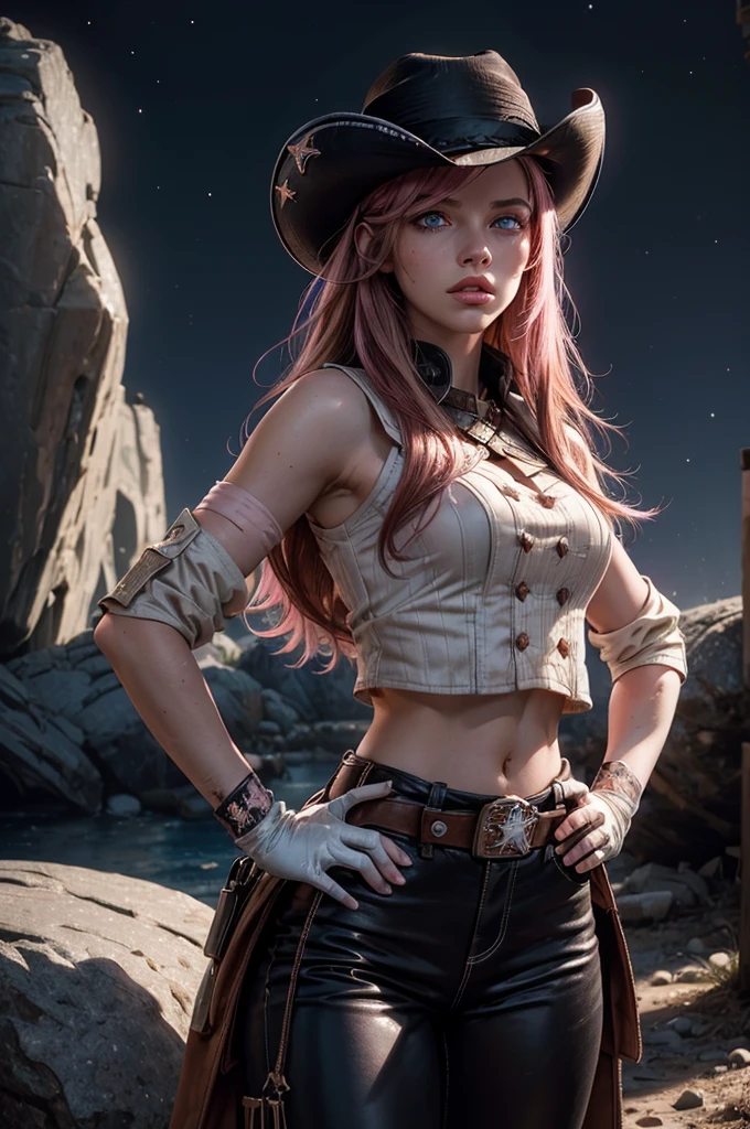 (masterpiece,stunning girlfriend, (standing:1.1), dynamic pose, heart shaped face, elegant face, beautiful face, highly detailed face, highly detailed skin, skin pores, subsurface scattering, realistic pupils, looking at viewer, full lips, detailed background, depth of field, atmospheric perspective, volumetric lighting, sharp focus, absurdres, realistic proportions, good anatomy, (realistic, hyperrealistic:1.4), 16k hdr, neopolitan, neopolitan, long hair, brown hair, (brown eyes:1.3), brown eyes, pink eyes, (heterochromia:1.2), ((two-tone hair, split-color hair, pink hair, brown hair, multicolored hair)), BREAK gloves, hat, navel, detached sleeves, midriff, belt, pants, white gloves, black headwear, bowler hat, hands on hips, BREAK outdoors, night, stars, moon, post-apocalypse, dystopian future, in cave mouth, river, rocks, (crowd in military uniforms), bonfires, BREAK looking at viewer, (cowboy shot:1.5), BREAK (masterpiece:1.2), best quality, high resolution, unity 8k wallpaper, (illustration:0.8), (beautiful detailed eyes:1.6), extremely detailed face, perfect lighting, extremely detailed CG, (perfect hands, perfect anatomy)