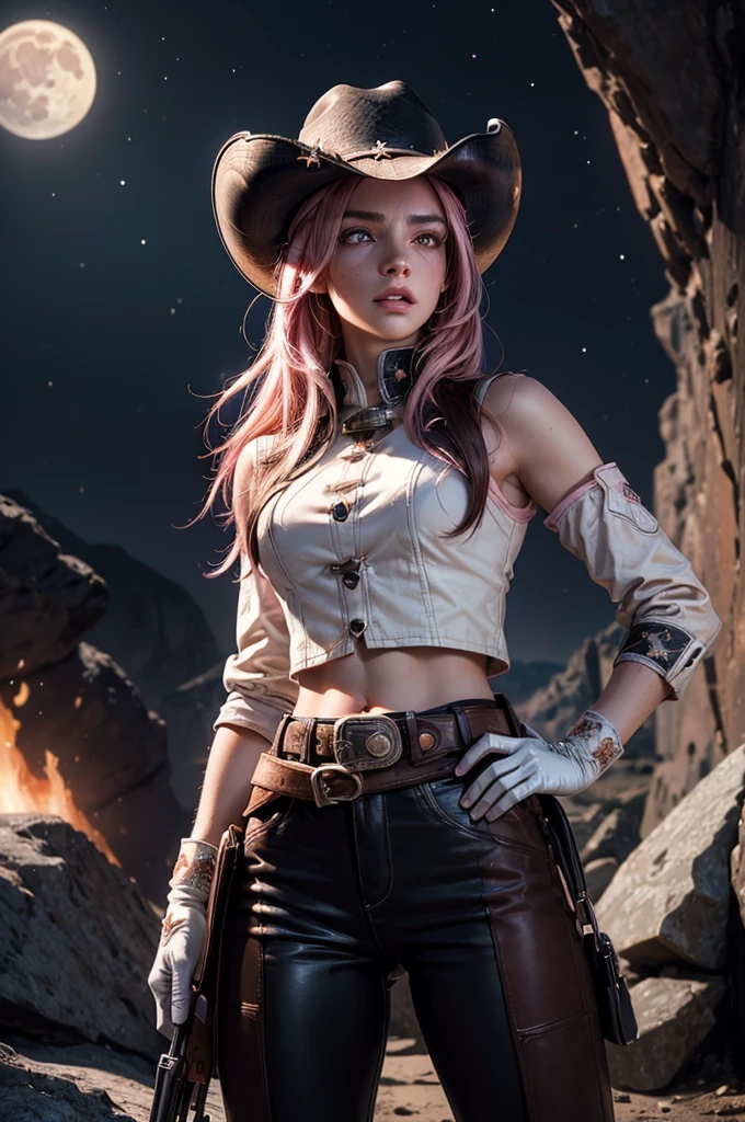 (masterpiece,stunning girlfriend, (standing:1.1), dynamic pose, heart shaped face, elegant face, beautiful face, highly detailed face, highly detailed skin, skin pores, subsurface scattering, realistic pupils, looking at viewer, full lips, detailed background, depth of field, atmospheric perspective, volumetric lighting, sharp focus, absurdres, realistic proportions, good anatomy, (realistic, hyperrealistic:1.4), 16k hdr, neopolitan, neopolitan, long hair, brown hair, (brown eyes:1.3), brown eyes, pink eyes, (heterochromia:1.2), ((two-tone hair, split-color hair, pink hair, brown hair, multicolored hair)), BREAK gloves, hat, navel, detached sleeves, midriff, belt, pants, white gloves, black headwear, bowler hat, hands on hips, BREAK outdoors, night, stars, moon, post-apocalypse, dystopian future, in cave mouth, river, rocks, (crowd in military uniforms), bonfires, BREAK looking at viewer, (cowboy shot:1.5), BREAK (masterpiece:1.2), best quality, high resolution, unity 8k wallpaper, (illustration:0.8), (beautiful detailed eyes:1.6), extremely detailed face, perfect lighting, extremely detailed CG, (perfect hands, perfect anatomy)