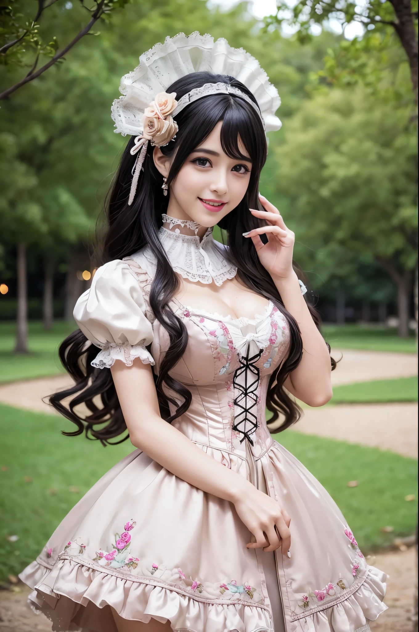 sexy stylish Spanish model, only 1 female, ((doll-like appearance)), ((ultra detailed Victorian-Style boots)), (big smile), ultra detailed eyes, vivid eye makeup, lipgloss, long lashes, defined eyebrows, ((sexy Paradise Kiss cosplay)), bell-shaped skirt, petticoats, high neckline, puffed sleeves, ((ultra detailed lace)), ((ultra detailed embroidery)), intricate details, Paradise Kiss accessoires and matching headpiece, choker, ((large sparkling Paradise Kiss jewelry)), cinematic light, detailed large park background with trees