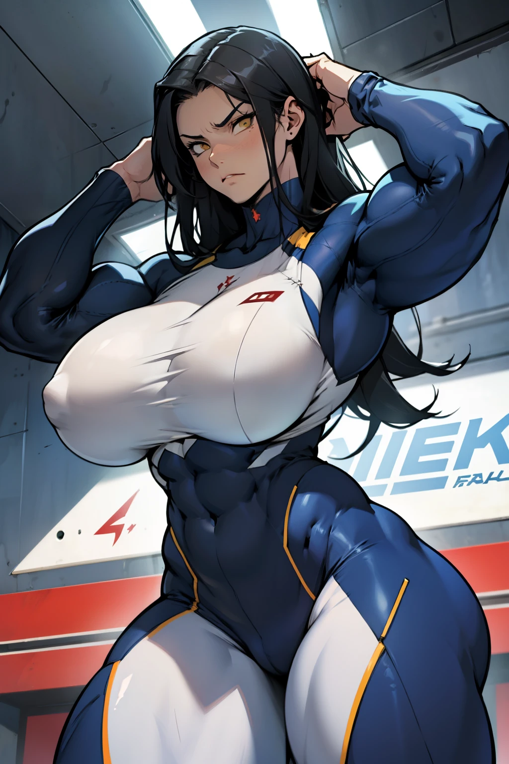 huge muscles huge breasts huge thighs pale skin black hair yellow eyes very long hair muscular girl sad frown expressionless huge muscles huge breasts huge thighs huge muscles huge breasts huge thighs skintight suit