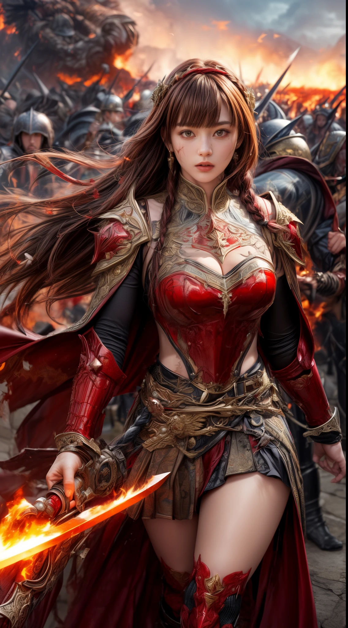 Very beautiful woman、Slender women、(Detailed face)、Realistic Skin、((Knight of Fire)), (((Red Armor:1.25)))、((((Black armor with very fine and intricate decoration))))、((Delicate photo))，(Girl Astepeace RAW Photo Details:1.25), (highest quality:1.6), (超A high resolution:1.5), (Realistic:1.75), 8K resolution, Canon EOS R5, 50mm, Absurd, Ultra-detailed,Cinema Lighting,Battlefields of Medieval Europe、((battle))、RPG World、Final Fantasy、(((Embellished skirt)))、Thigh-high socks、Shin Guards、night、((too long bangs))、((One long thick dark red hair braid))、Get six-pack、Torn Cloak、Beautiful Armor、(((Giant Sword)))、In combat、The wind is blowing、(((Inferno filling the entire area)))、(((Leading a large group of red knights)))、(((Knight Commander)))、Armor with a Phoenix motif、Old scar on right cheek:1.2、((Fire blaze))