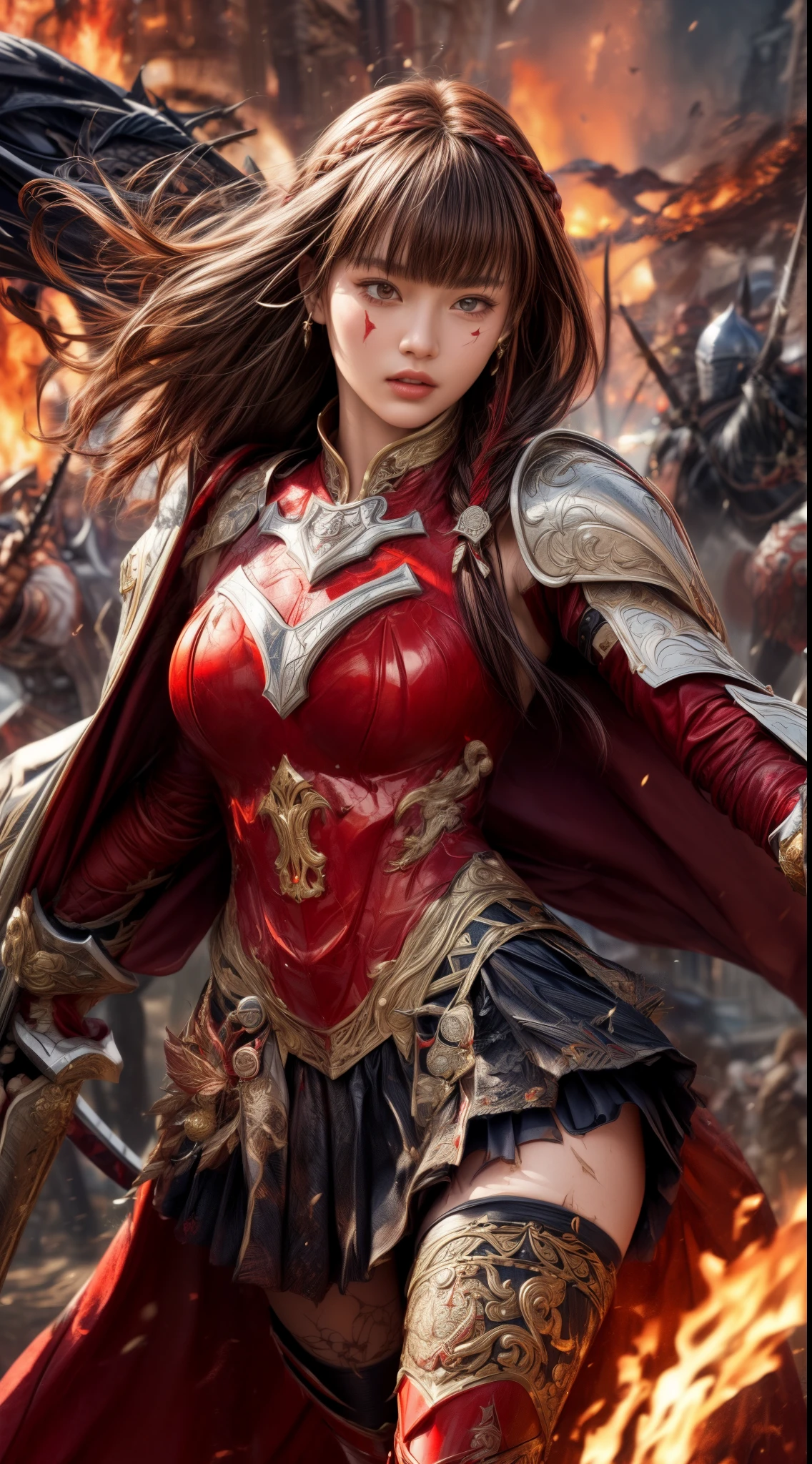 Very beautiful woman、Slender women、(Detailed face)、Realistic Skin、((Knight of Fire)), (((Crimson armor:1.25)))、((((Black armor with very fine and intricate decoration))))、((Delicate photo)),(Girl Astepeace RAW Photo Details:1.25), (highest quality:1.6), (超A high resolution:1.5), (Realistic:1.75), 8K resolution, Canon EOS R5, 50mm, Absurd, Ultra-detailed,Cinema Lighting,Battlefields of Medieval Europe、((battle))、RPG World、Final Fantasy、(((Embellished skirt)))、Thigh-high socks、Shin Guards、night、((too long bangs))、((One long thick dark red hair braid))、Get six-pack、Torn Cloak、Beautiful Armor、(((Giant Sword)))、In combat、The wind is blowing、(((Inferno filling the entire area)))、(((Leading a large group of red knights)))、(((Knight Commander)))、Armor with a Phoenix motif、Old scar on right cheek:1.2、((Fire blaze))、(((Intense action scenes)))