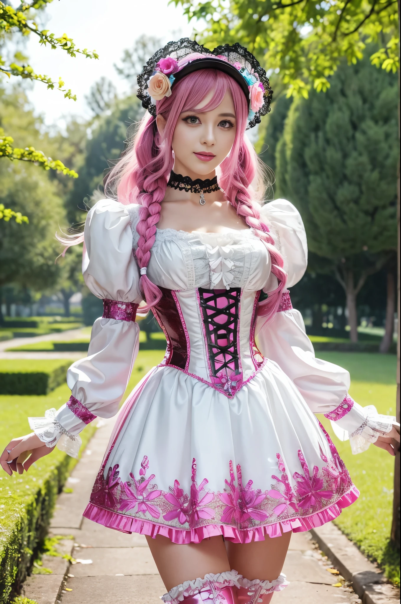 sexy stylish Swedish model, only 1 female, ((doll-like appearance)), long neon pink stylish hair, ((shiny Victorian-Style boots)), big smile, ultra detailed eyes, vivid eye makeup, lipgloss, long lashes, defined eyebrows, ((sexy Paradise Kiss cosplay)), bell-shaped skirt, petticoats, high neckline, puffed sleeves, ((ultra detailed lace)), ((ultra detailed embroidery)), intricate details, Paradise Kiss accessoires and matching headpiece, choker, ((large sparkling Paradise Kiss jewelry)), cinematic light, detailed large park background with trees