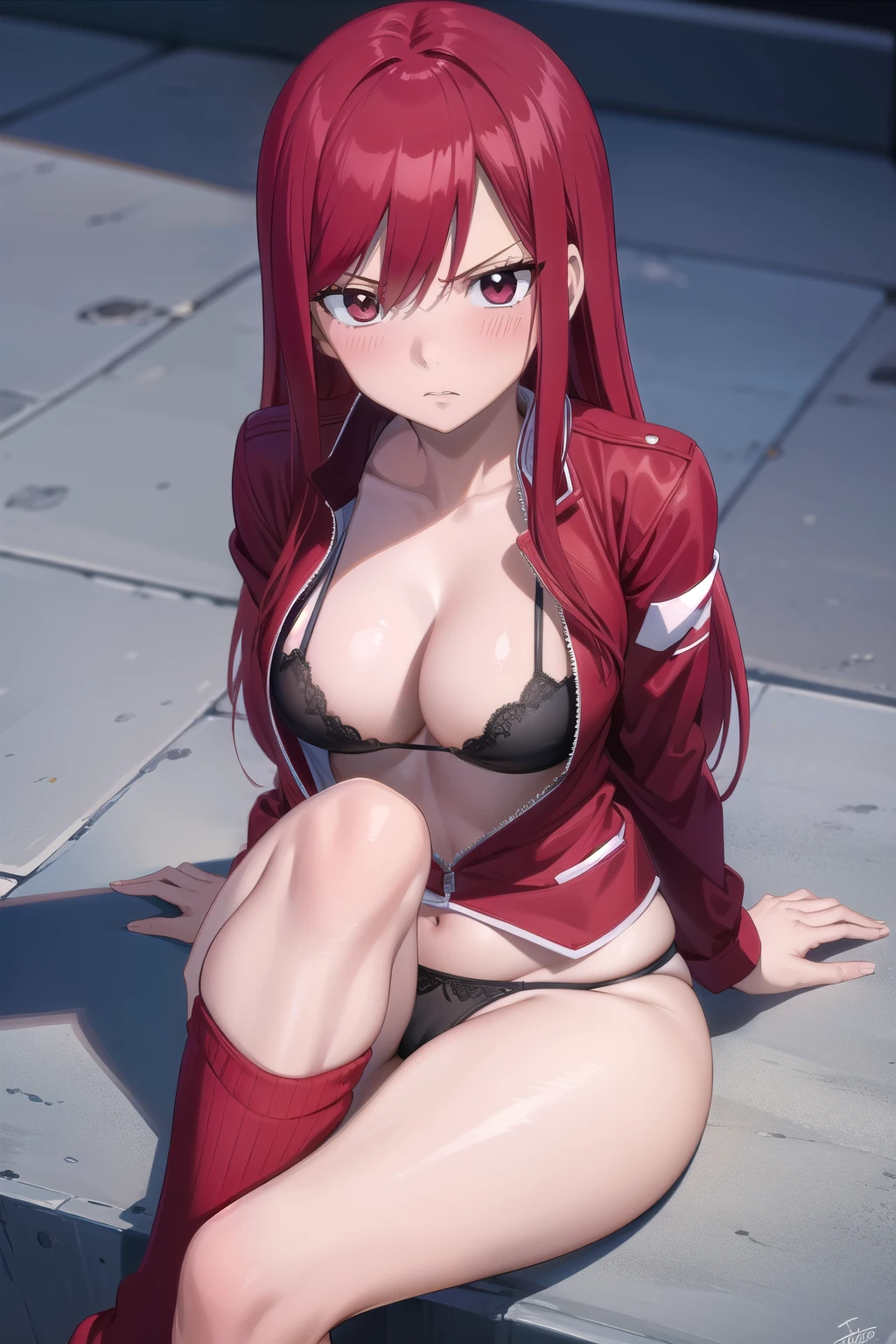 absurdres, highres, ultra detailed, Erza scarlet  , disappointed face,blush , solo , red jacket, open clothes,  bra , medium chest  ,thong  pantie  , long  socks  , looking at viewer  . 