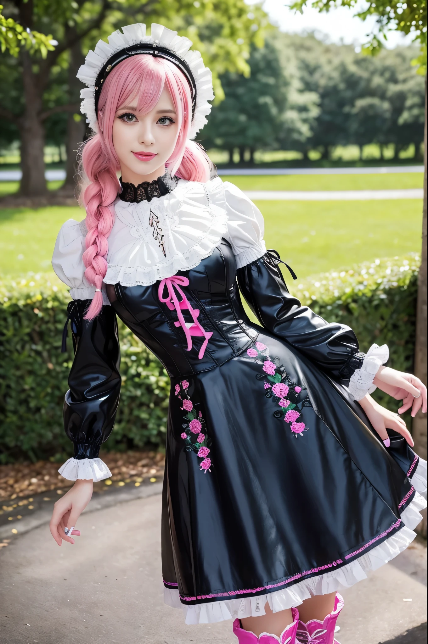 sexy stylish Swedish model, only 1 female, ((doll-like appearance)), long neon pink stylish hair, ((shiny Victorian-Style boots)), big smile, ultra detailed eyes, vivid eye makeup, lipgloss, long lashes, defined eyebrows, ((sexy Paradise Kiss cosplay)), bell-shaped skirt, petticoats, high neckline, puffed sleeves, ((ultra detailed lace)), ((ultra detailed embroidery)), intricate details, Paradise Kiss accessoires and matching headpiece, choker, ((large sparkling Paradise Kiss jewelry)), cinematic light, detailed large park background with trees 