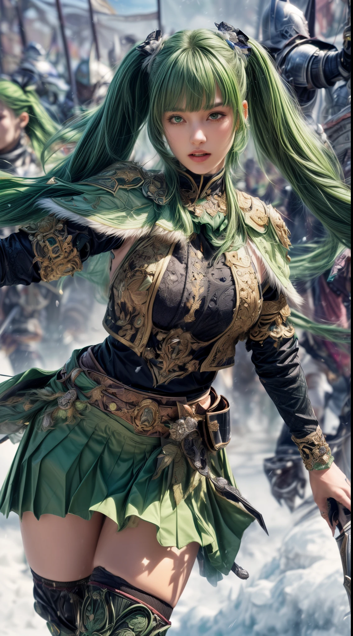 Very beautiful woman、Slender women、(Detailed face)、Realistic Skin、((holy knight)), ((Light Green Armor))、((((Black armor with very fine and intricate decoration:1.1))))、((Delicate photo)),(Girl Astepeace RAW Photo Details:1.25), (highest quality:1.6), (超A high resolution:1.5), (Realistic:1.75), 8K resolution, Canon EOS R5, 50mm, Absurd, Ultra-detailed,Cinema Lighting,((battlefield))、((battle))、(((Decorative green skirt)))、Thigh-high socks、Shin Guards、((Light green hair))、((Twin tails))、((Hairstyle with bangs))、Get six-pack、Cape、Beautiful Armor、(((Has a huge weapon)))、(In combat)、The wind is blowing、((Symmetrical Armor))、((((Blizzard))))、(((Leading a large group of knights:1.2)))、Banner、Lion-themed armor