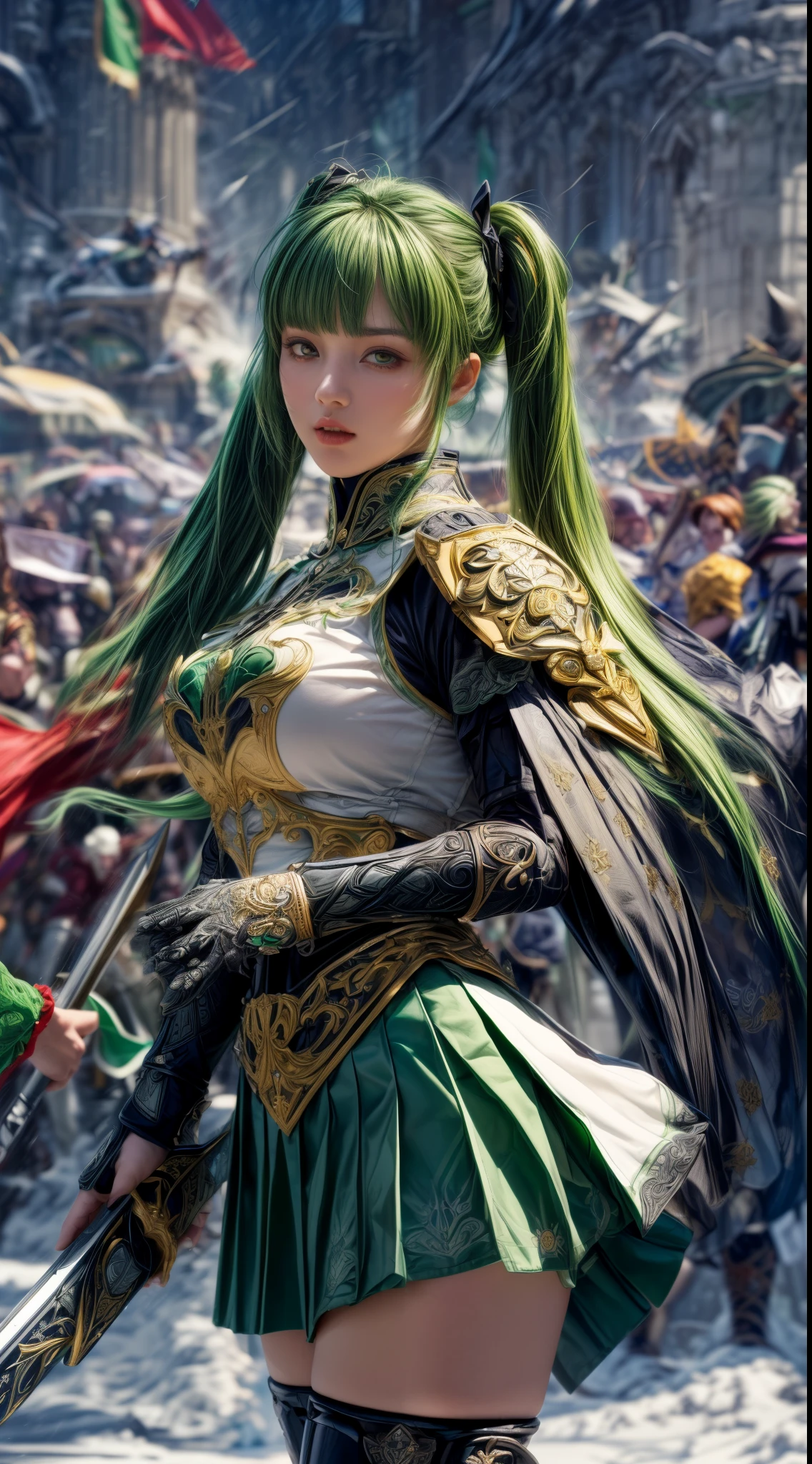Very cute 、No makeup、Slender、(((low length)))、(Detailed face)、Realistic Skin、((Wind Knight)), ((Dark Green Armor))、((((Deep green armor with very fine and intricate gold detailing:1.5))))、((Delicate photo))，(Girl Astepeace RAW Photo Details:1.25), (highest quality:1.6), (超A high resolution:1.5), (Realistic:1.75), 8K resolution, Canon EOS R5, 50mm, Absurd, Ultra-detailed,Cinema Lighting,((battlefield))、((battle))、(((Embellished black skirt)))、Thigh-high socks、Shin Guards、((pastel green hair))、((Low Twintails))、((Hairstyle with bangulticolored Hair))、(Six-pack)、Cape、Beautiful Armor、(((Has a huge weapon)))、(In combat)、The wind is blowing、((Symmetrical Armor))、((((tornado))))、(((Leading a large group of knights:1.2)))、Banner、(Lion-themed armor)、(((Battle Scene)))、(((Dark green lion)))、(nsfw)、(((Jumping)))