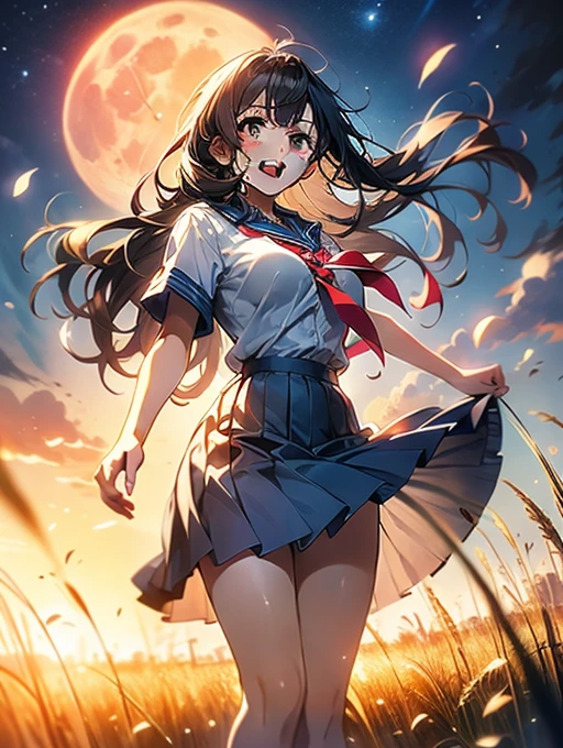 In 8K、highest quality、masterpiece、Ultra-detailed、Ultra-high resolution、Anime Style、1. High school girl、uniform、Pampas grass field、full moon、moonlight、Check skirt、Skirt fluttering in the wind、dance、fun、sweating、Big Breasts