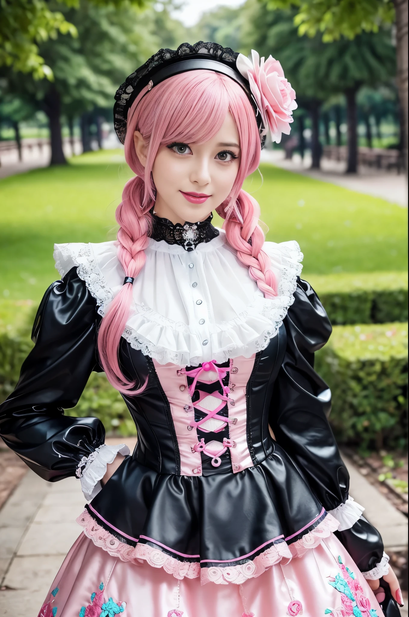sexy stylish Swedish model, only 1 female, ((doll-like appearance)), long neon pink stylish hair, ((shiny Victorian-Style boots)), big smile, ultra detailed eyes, vivid eye makeup, lipgloss, long lashes, defined eyebrows, ((sexy Paradise Kiss cosplay)), bell-shaped skirt, petticoats, high neckline, puffed sleeves, ((ultra detailed lace)), ((ultra detailed embroidery)), intricate details, Paradise Kiss accessoires and matching headpiece, choker, ((large sparkling Paradise Kiss jewelry)), cinematic light, detailed large park background with trees 